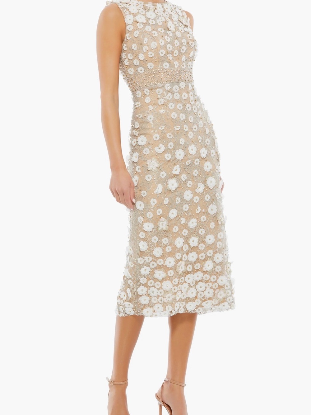 Mac Duggal Nude Midi Dress with White Floral Appliqués NWT